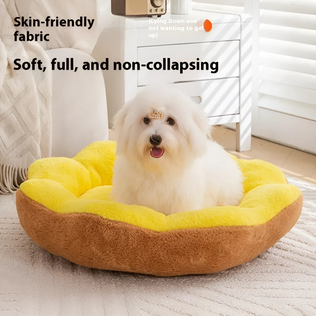 Round rabbit plush cat bed with thick material and detachable washable cover in brown grey colour