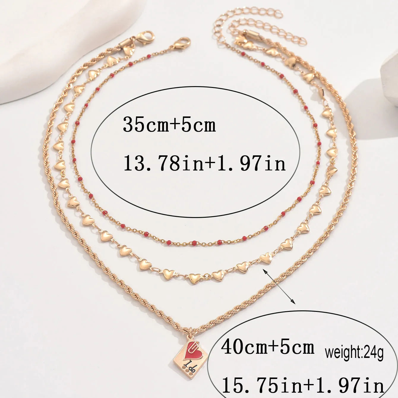 Close-up of a three-layer zinc alloy clavicle chain necklace with geometric shapes and a heart pendant.