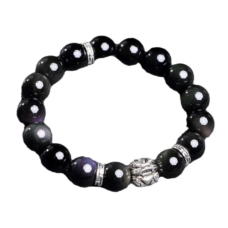 A silver and black obsidian bead bracelet showing lucky colour eye pattern, displayed in two sizes.