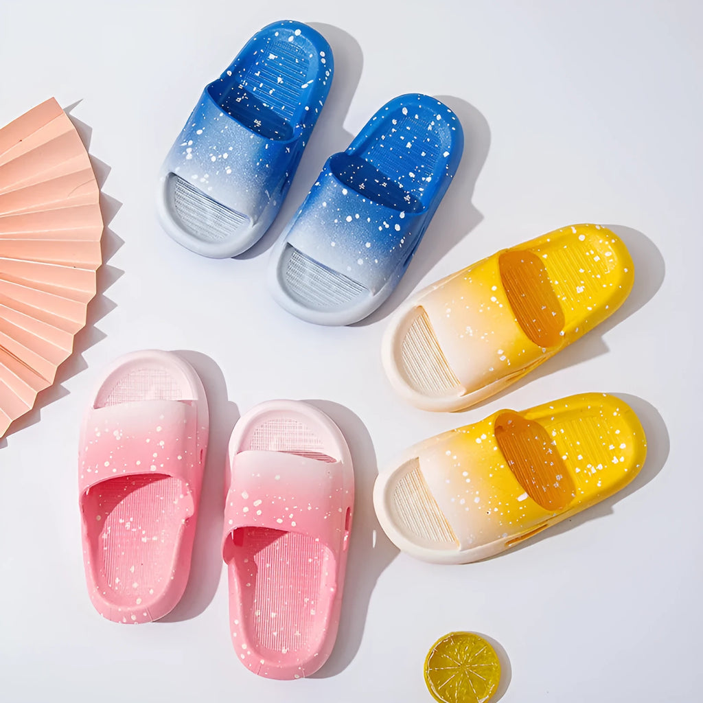 Gradient colour PVC children's sandals with non-slip soles in blue, green, orange, pink, and yellow