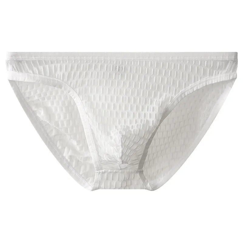 Men's low waist transparent lace underwear in black, shown flat