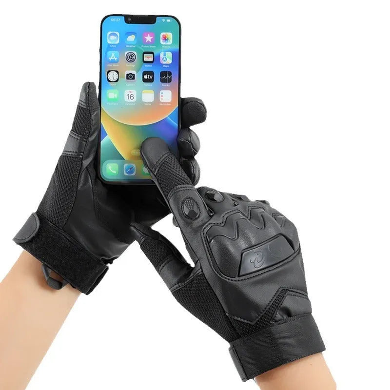 Men's black tactical full finger gloves with touch screen compatible fingertips on hand
