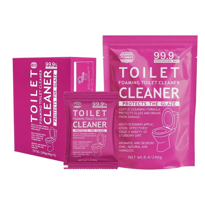 Toilet bubble powder cleaner in blue or pink fragrance, in a 240g bag or box of 40g sachets.