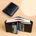 Men's leather wallet open showing card slots, coin pocket, photo window, and document holder in black or brown