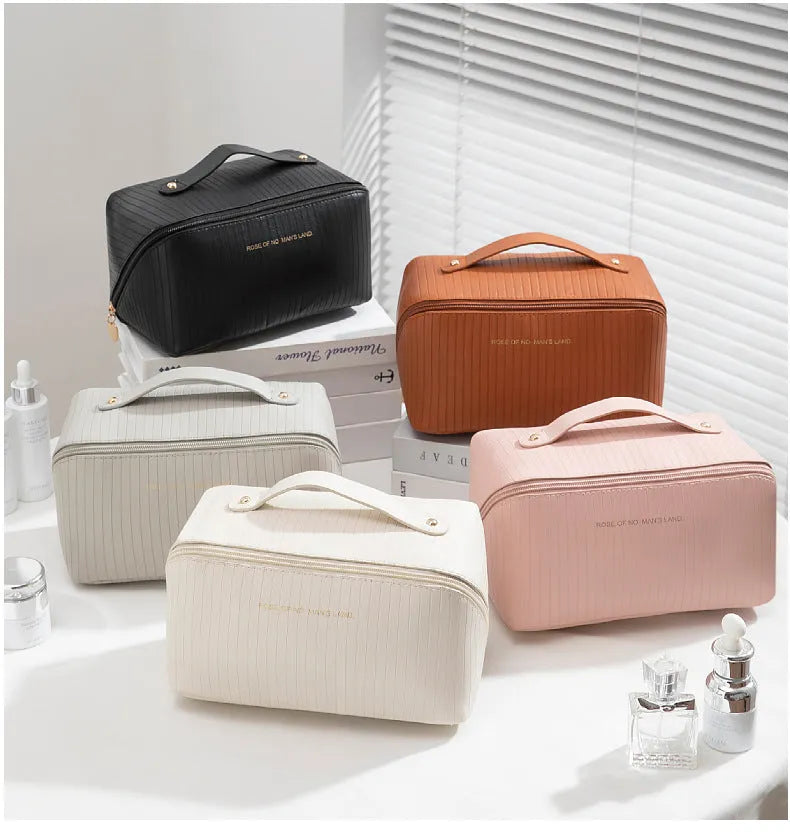 Vertical pattern pillow makeup bag in cubic shape with PU material, measuring 22.5cm height