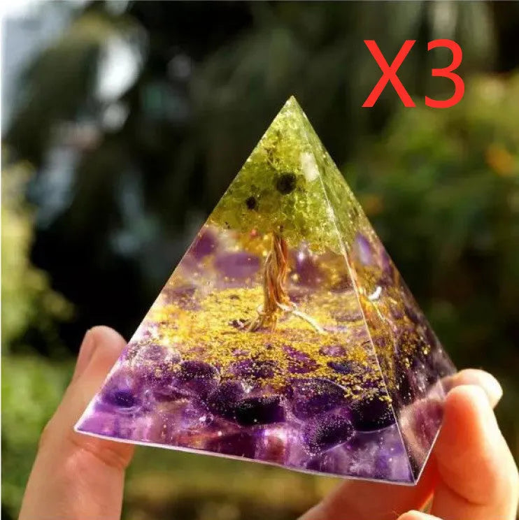6cm resin pyramid decoration with embedded natural crystal gravel in geometric energy tower design