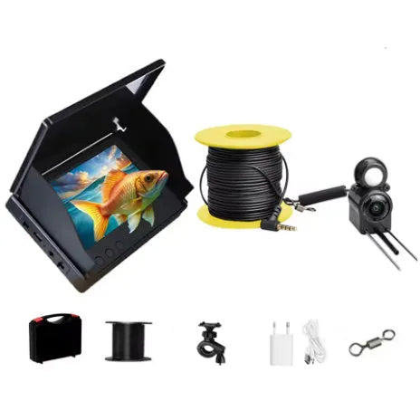 Underwater fish finder camera with 4.3-inch IPS screen, wide-angle lens, and night vision lights on a fishing boat.