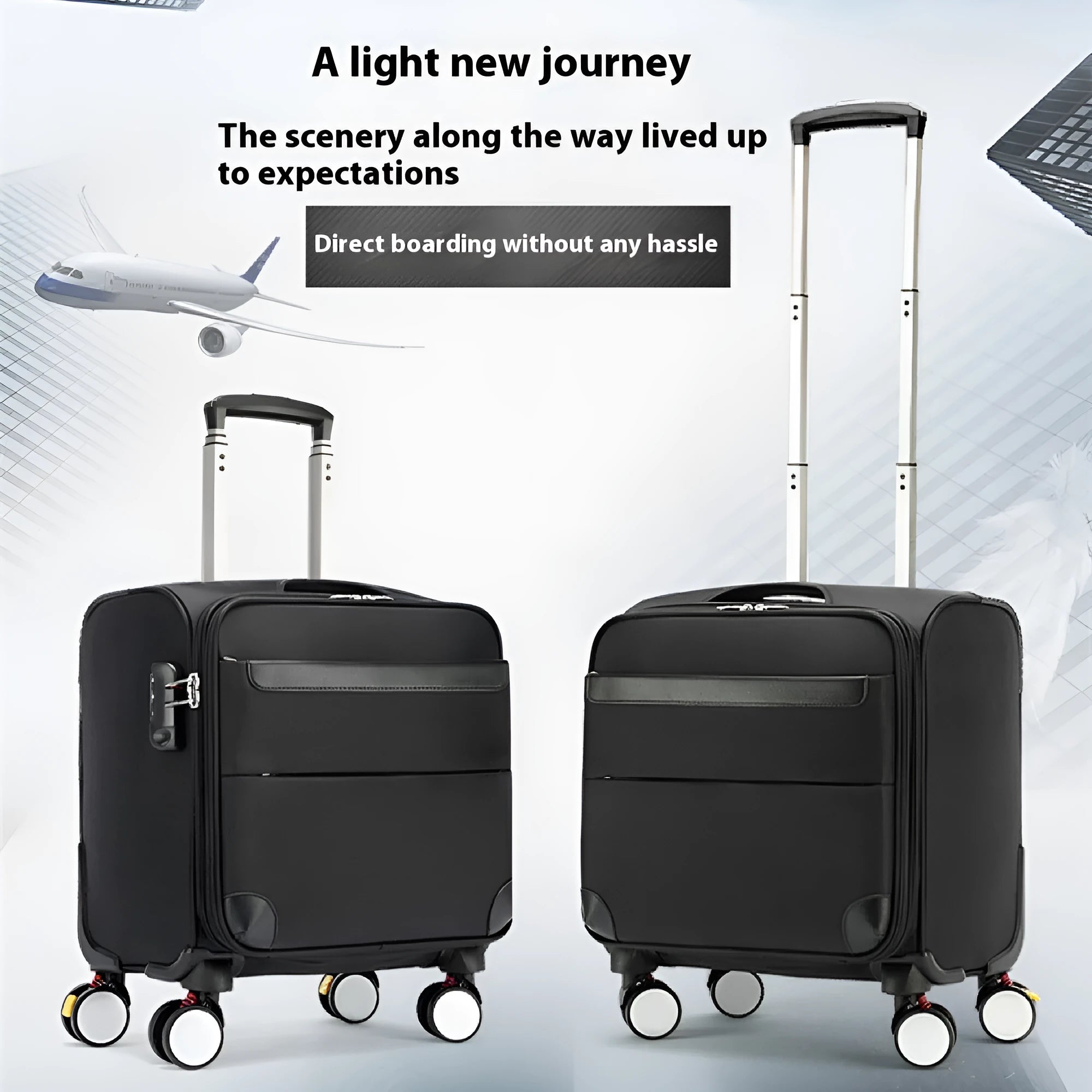 Black 18 inch Oxford cloth business suitcase with universal wheels and retractable handle
