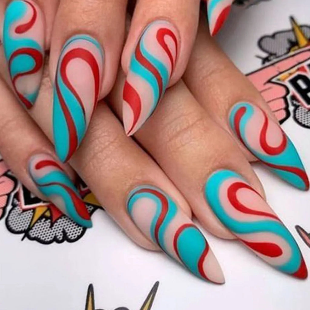 Almond-shaped rainbow nail stickers set showing four designs including plaid pattern and coloured variations