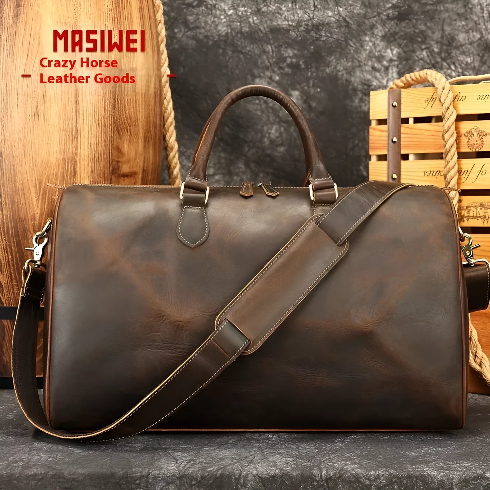 Large vintage brown leather crossbody bag for men with shoulder strap.