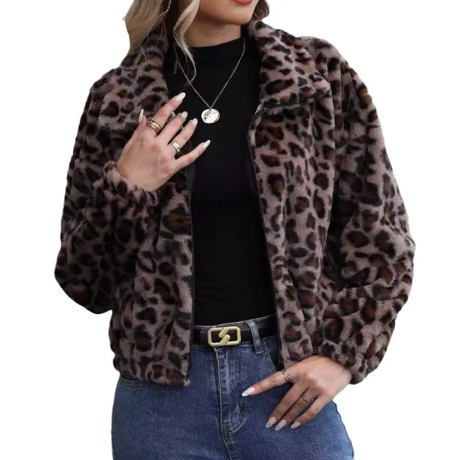 Women's leopard print plush coat with front zipper and loose street fashion styling