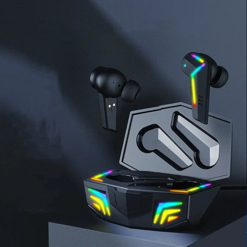 Small black TWS Bluetooth gaming headset with earplug design