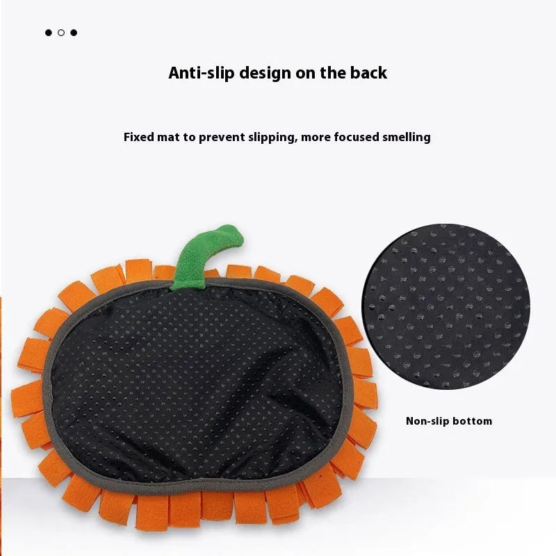 Orange pumpkin-shaped pet smell mat with textured pockets for dog training and slow feeding.