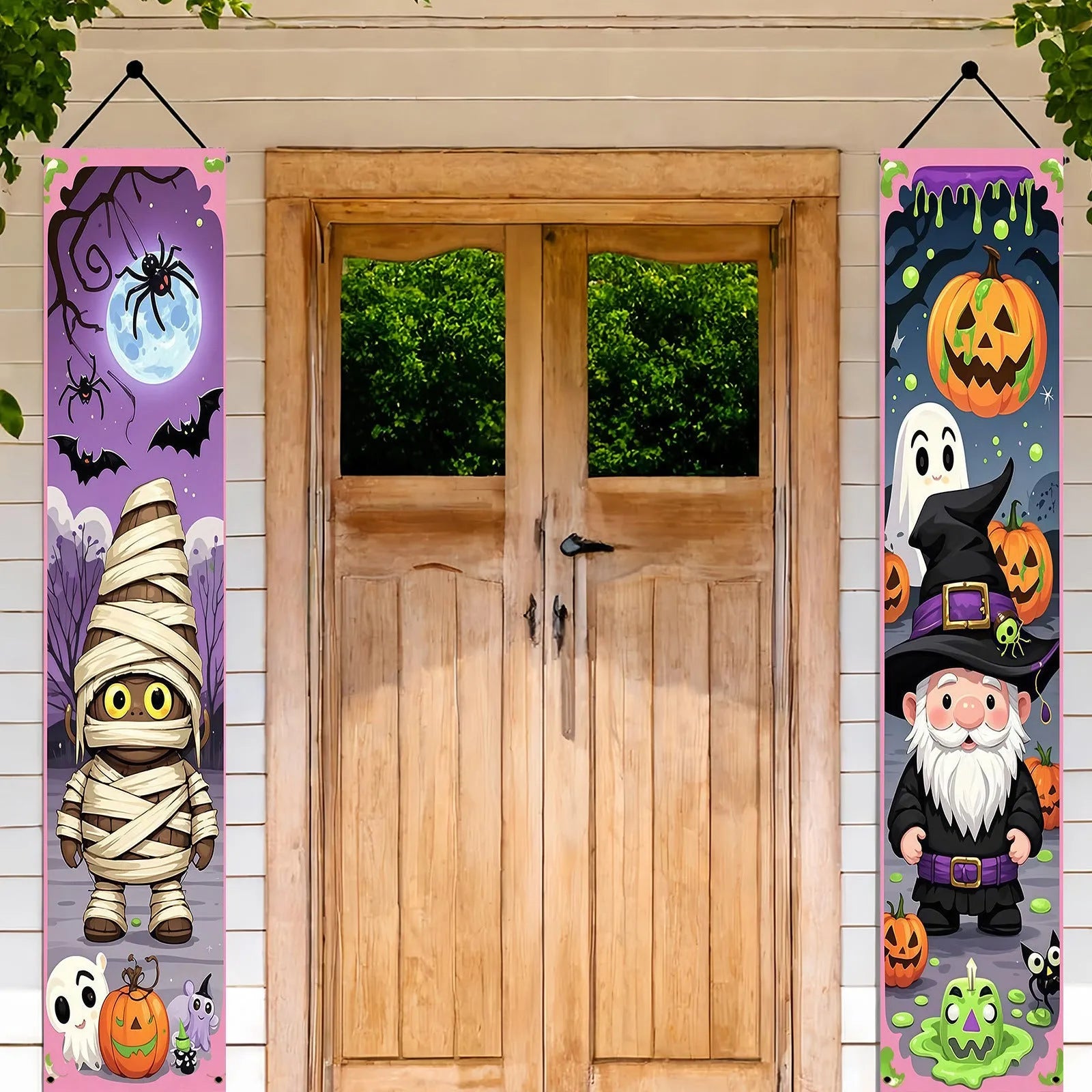 Pair of polyester Halloween couplet banners measuring 30cm by 180cm for door or wall decoration