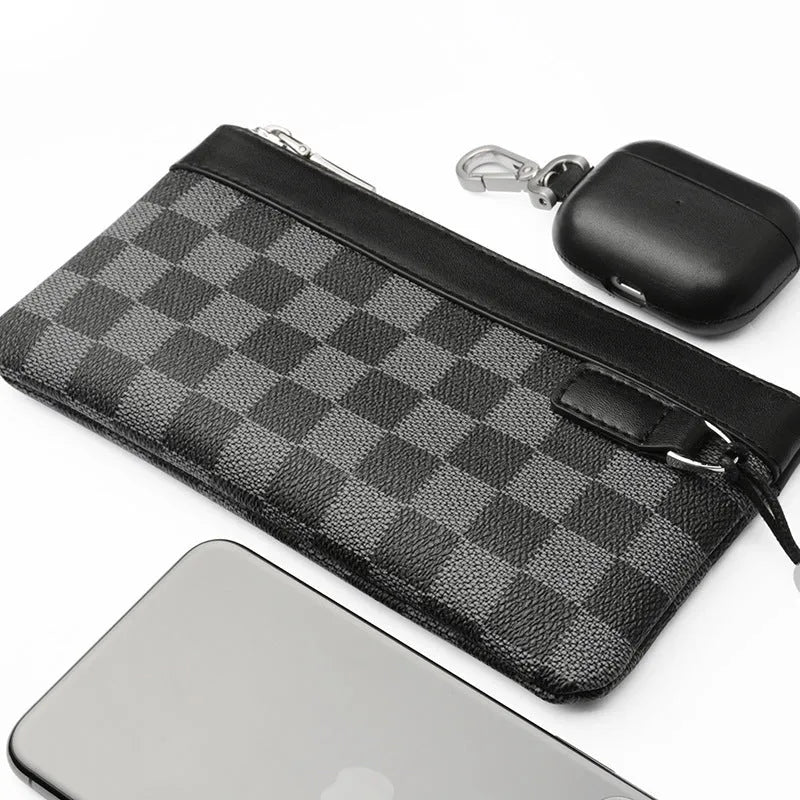Black men's leather plaid clutch wallet showing genuine cowhide texture and 20x10cm dimensions