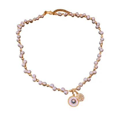 Gold electroplated zircon pearl round pendant necklace on adjustable 41-50cm clavicle chain