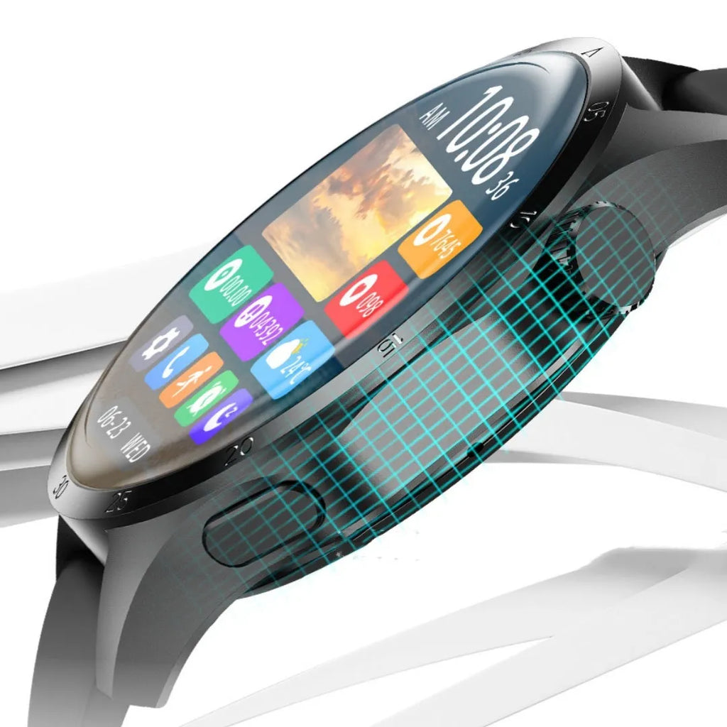 Black Bluetooth smartwatch with TFT touchscreen displaying health metrics and call functions