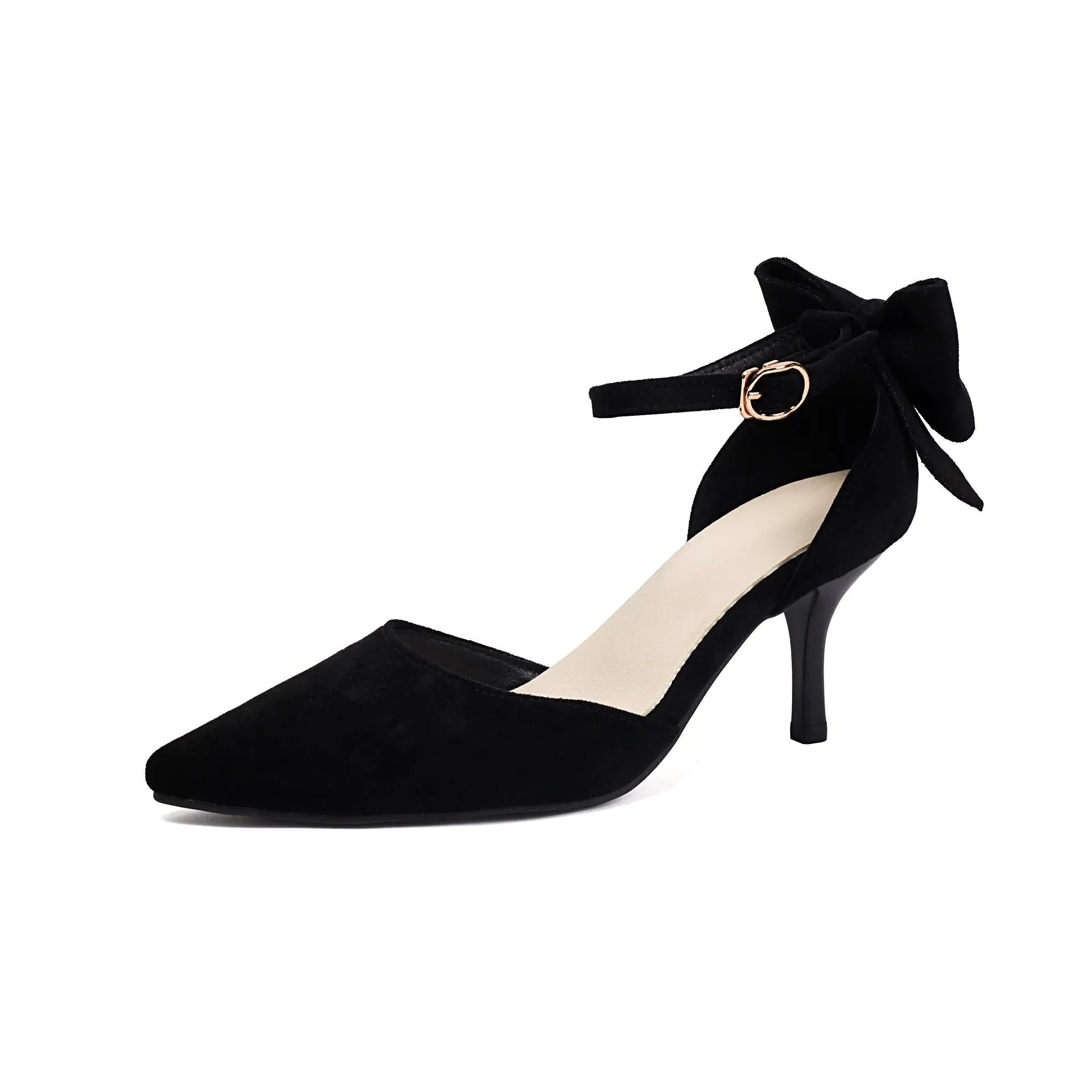 Women's suede stiletto heels with pointed toes and decorative bowknot detail in black colour