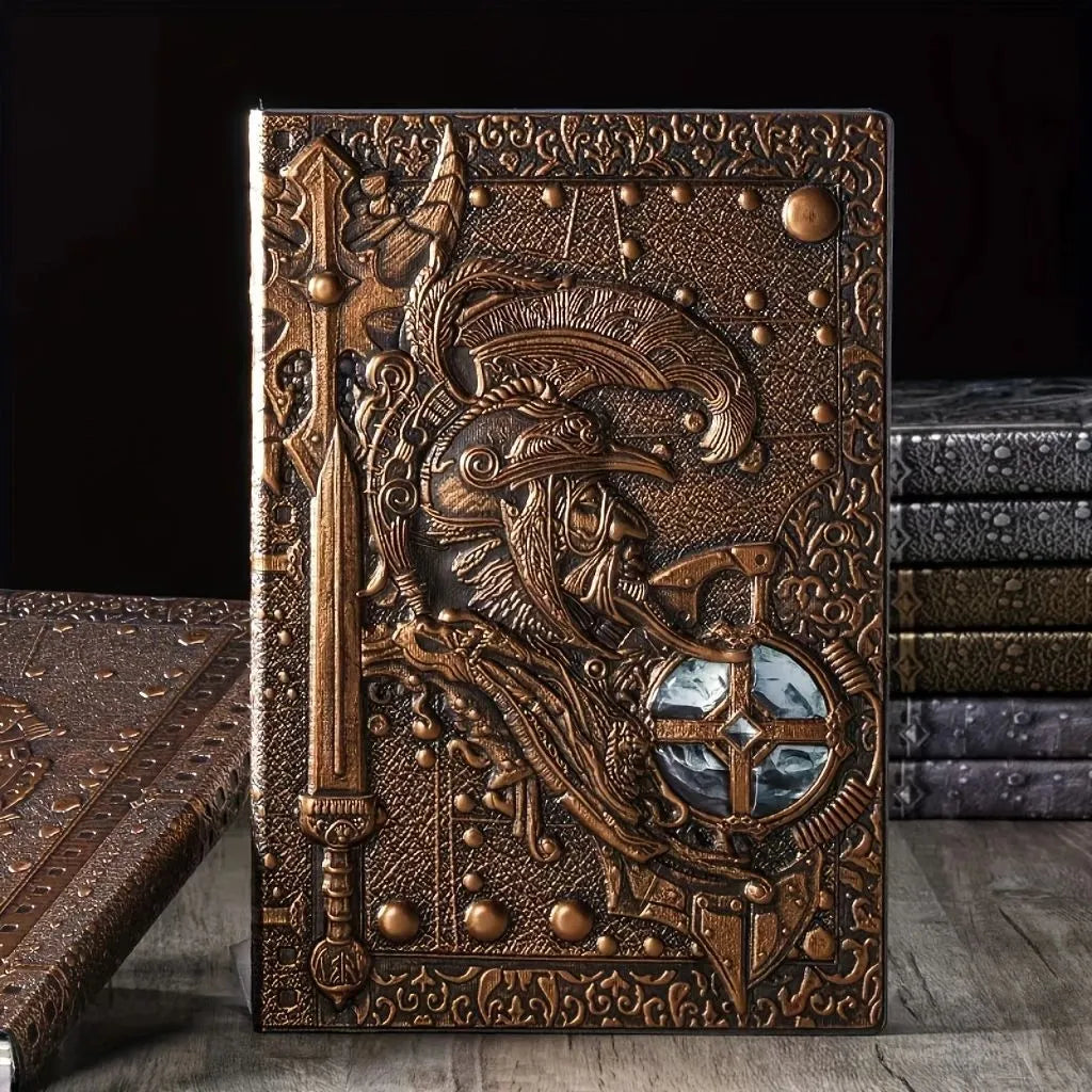 A5 leather notebook with 3D warriors relief embossed design in bronze colour option