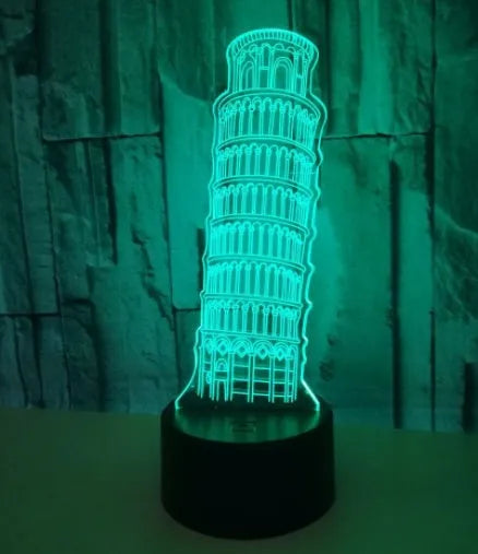 Leaning Tower of Pisa 3D acrylic nightlight with colour-changing LED base and remote control.