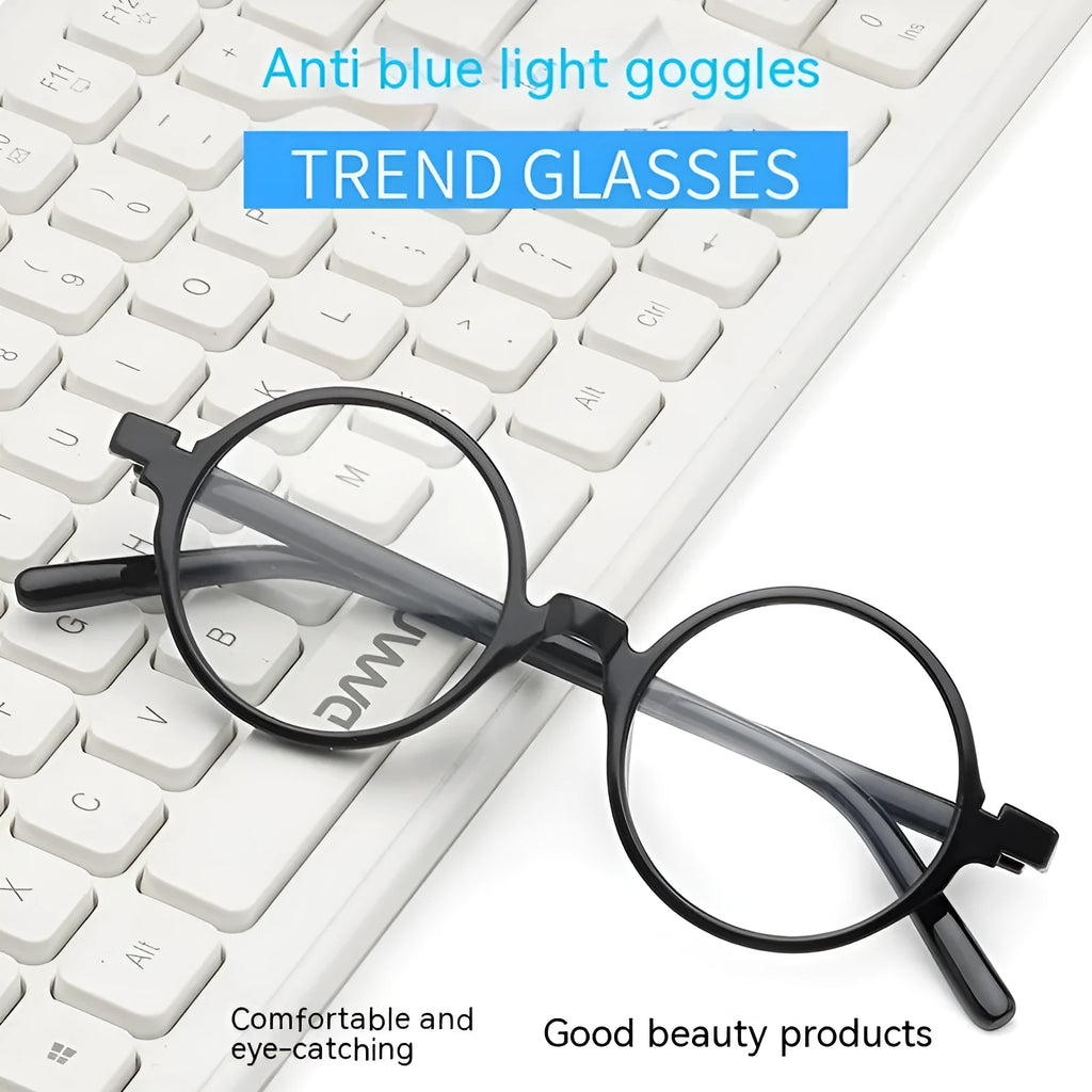 Artistic retro round glasses with flat mirrors in bright black, sand black, tofu pudding frame, or transparent grey colours