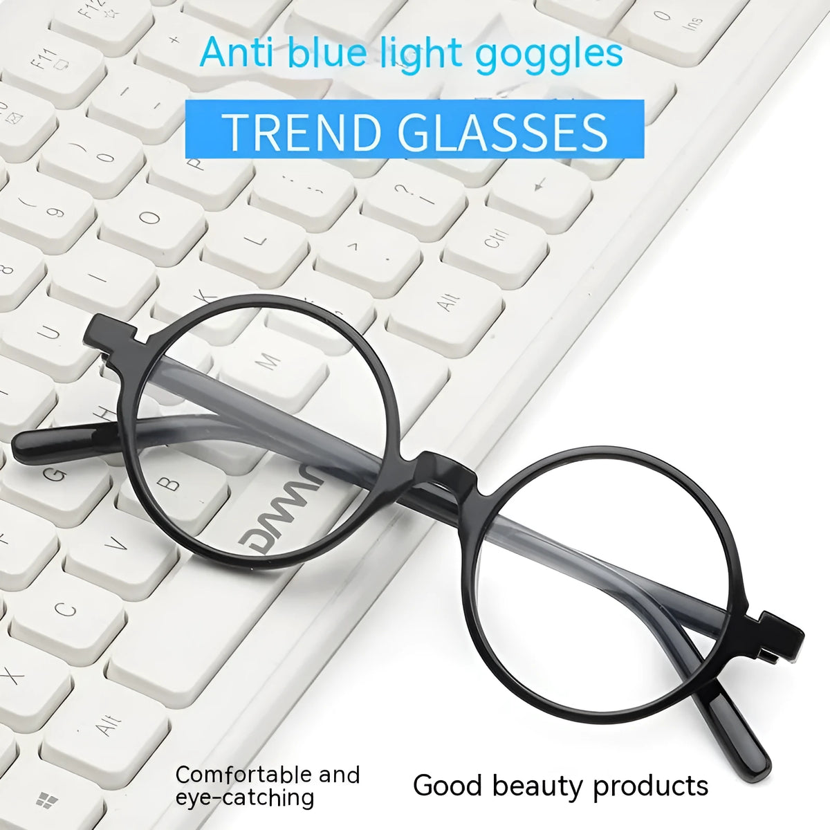 Artistic retro round glasses with flat mirrors in bright black, sand black, tofu pudding frame, or transparent grey colours