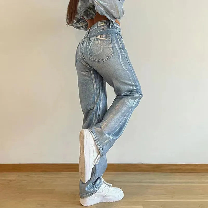Washed blue high waist straight leg jeans with contrast colour street hipster styling