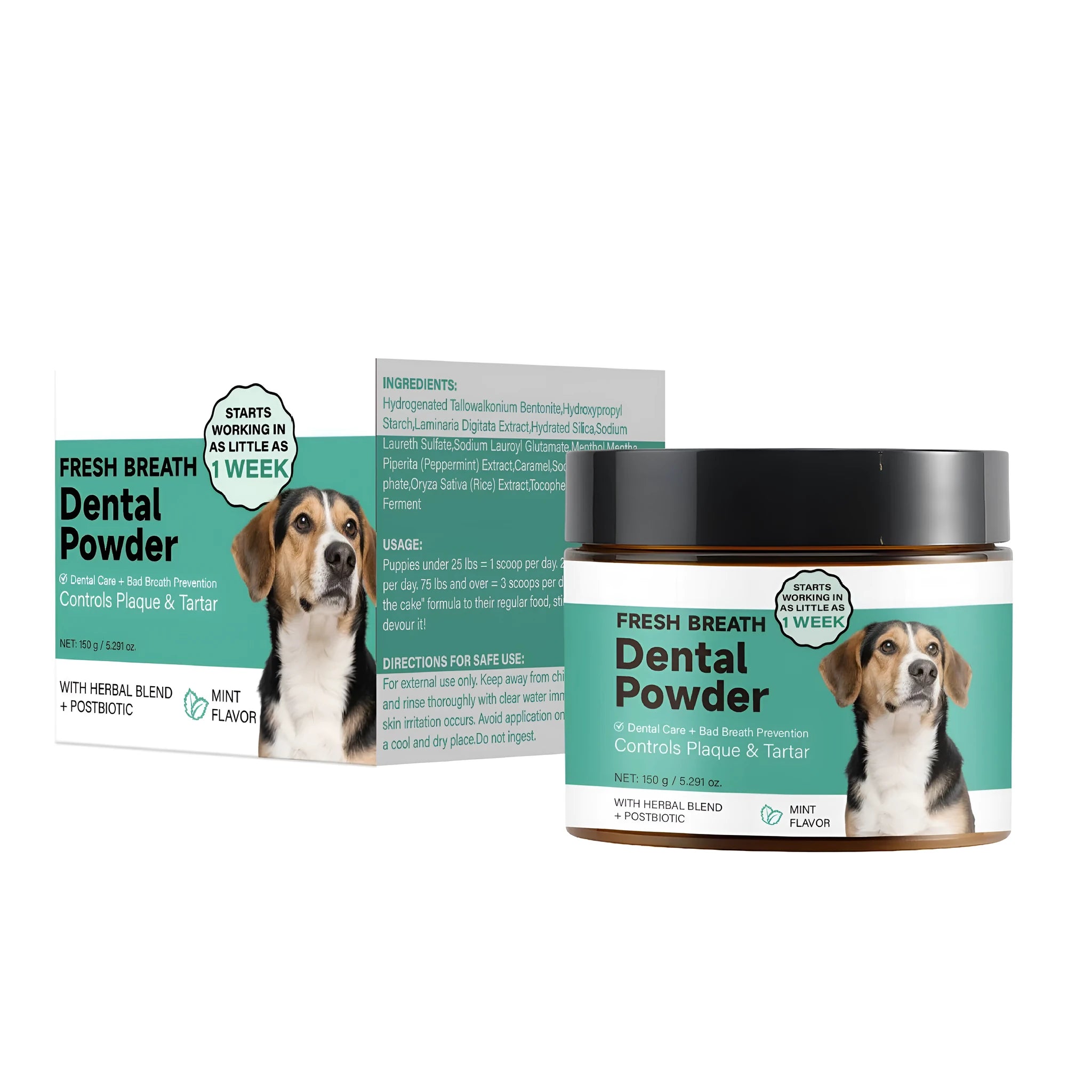 Container of 150g dog breath tooth cleaning powder dental supplement
