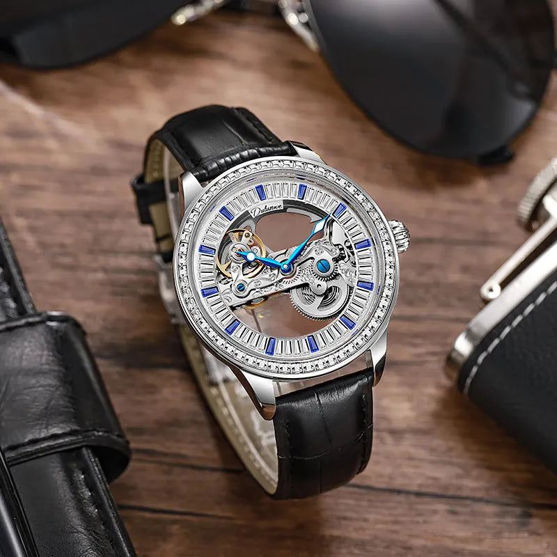 Men's waterproof mechanical business watch with transparent case back and choice of straps