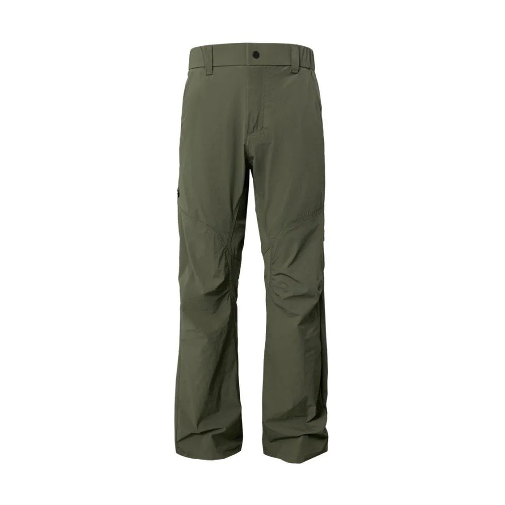 Men's straight-leg casual trousers in a neutral colour on a hanger, showing the mid-waist and elasticated waistband detail.