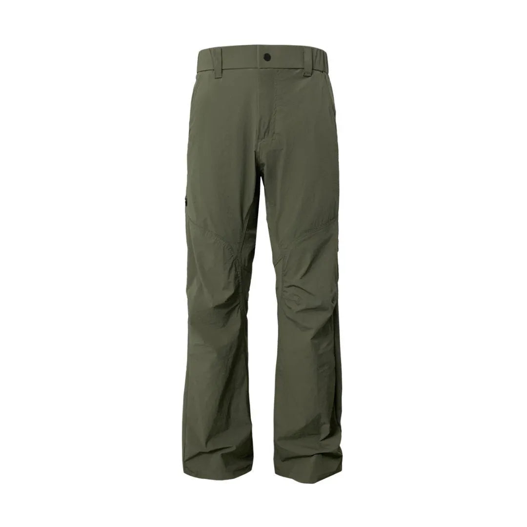 Men's straight-leg casual trousers in a neutral colour on a hanger, showing the mid-waist and elasticated waistband detail.