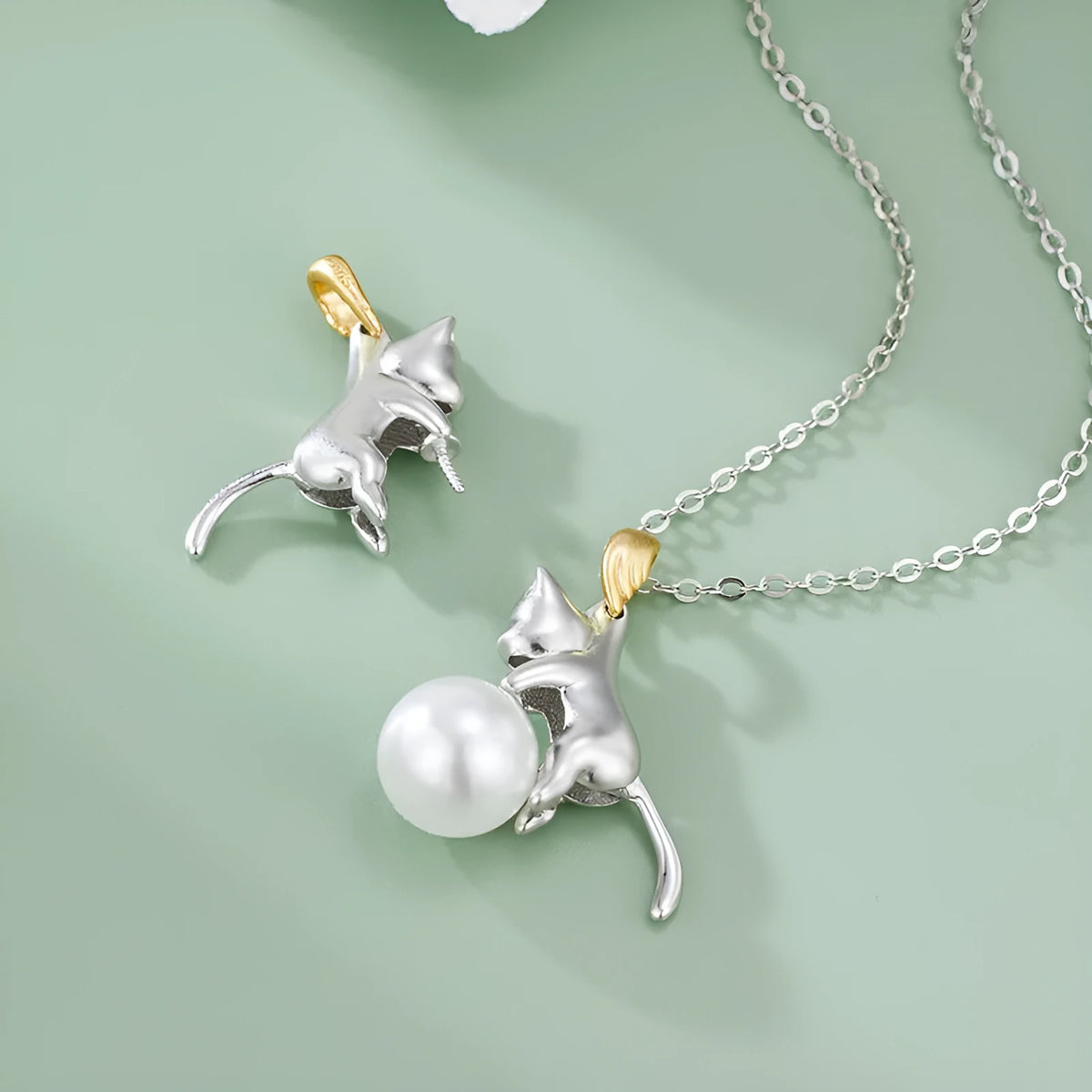 925 sterling silver clavicle chain necklace with feline pendant and electroplated finish
