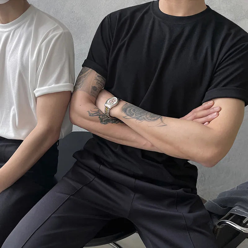 Men's slim fit cotton t-shirt with round neck and half sleeves in solid black colour