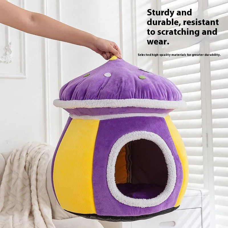 Mushroom-shaped plush cat bed in grey, pink, or purple colours with thermal construction