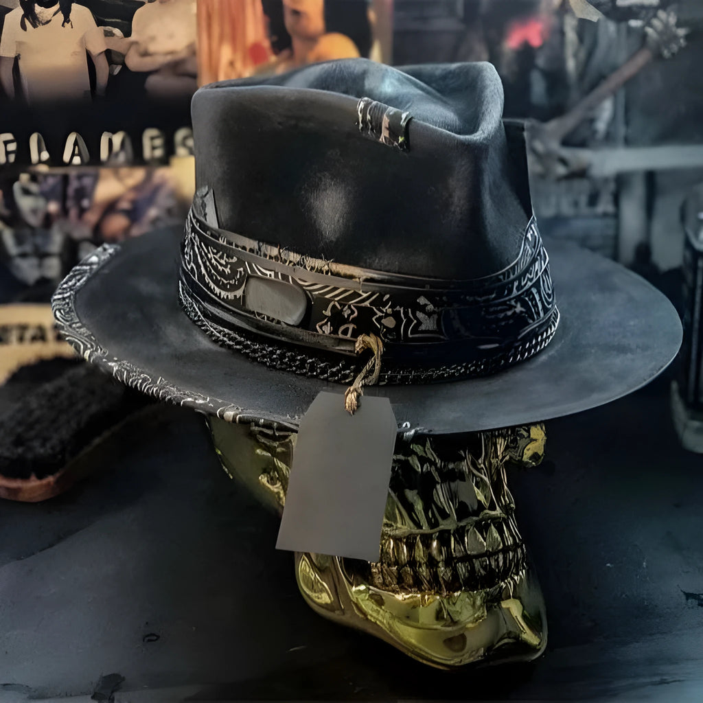 Handmade wool felt conical hat with skull design and denim-style crown