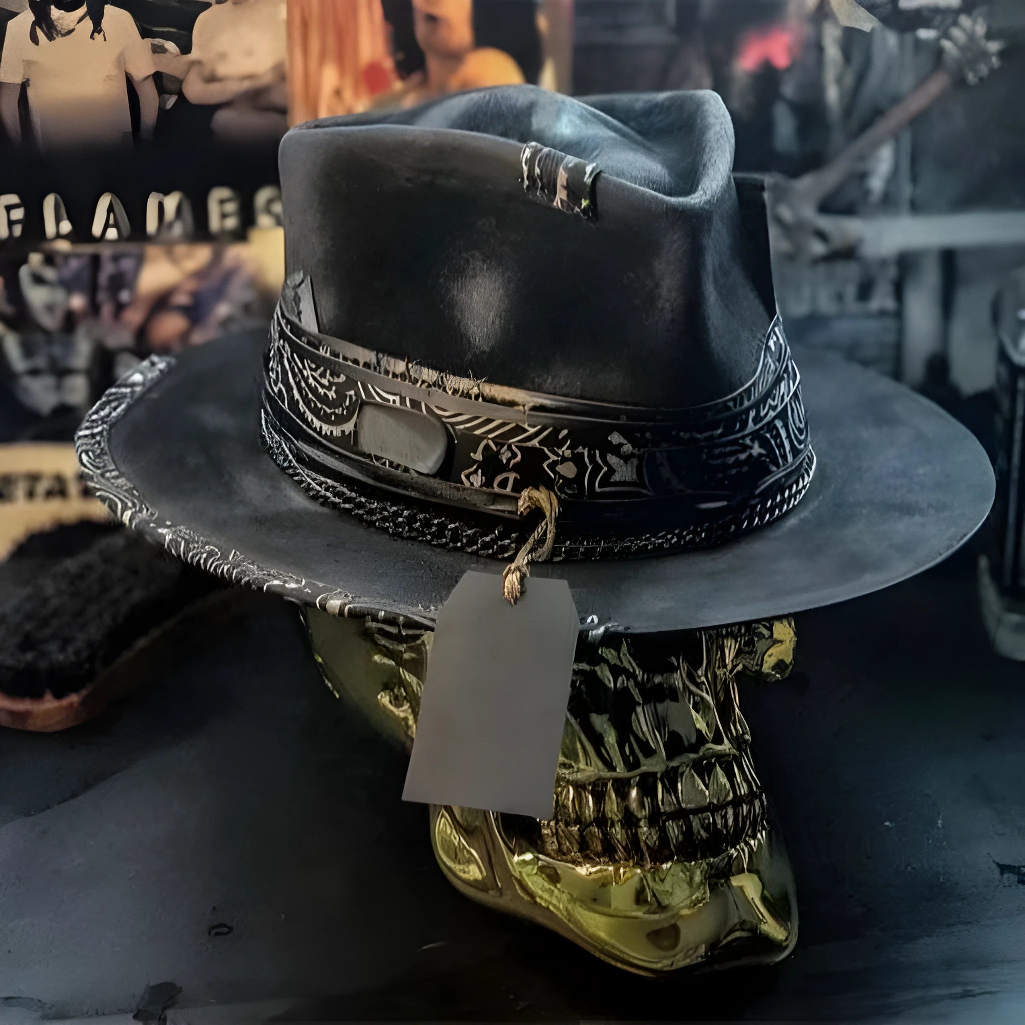 Handmade wool felt conical hat with skull design and denim-style crown