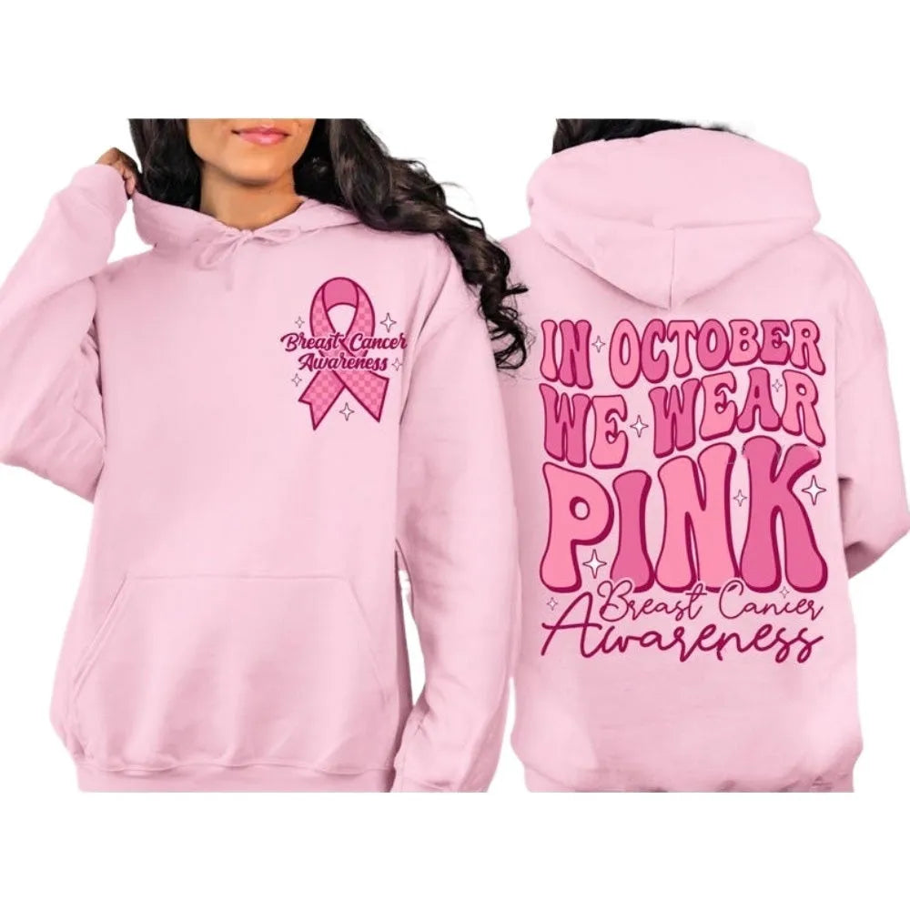 Pink Breast Cancer Awareness pullover hoodie with retro art print and side seam pocket.