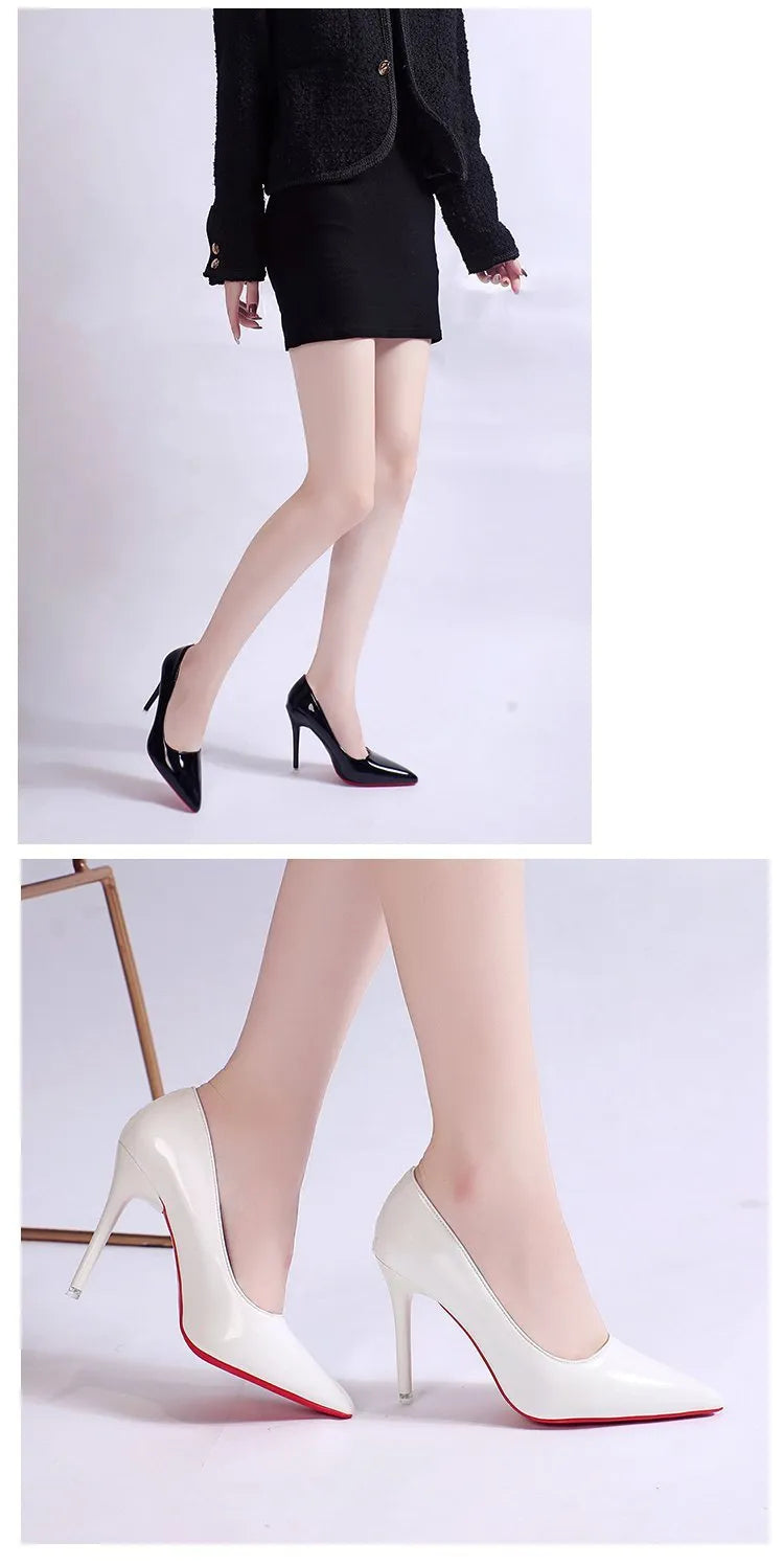 Women's black stiletto heel pointed toe pump shoe on a white background.