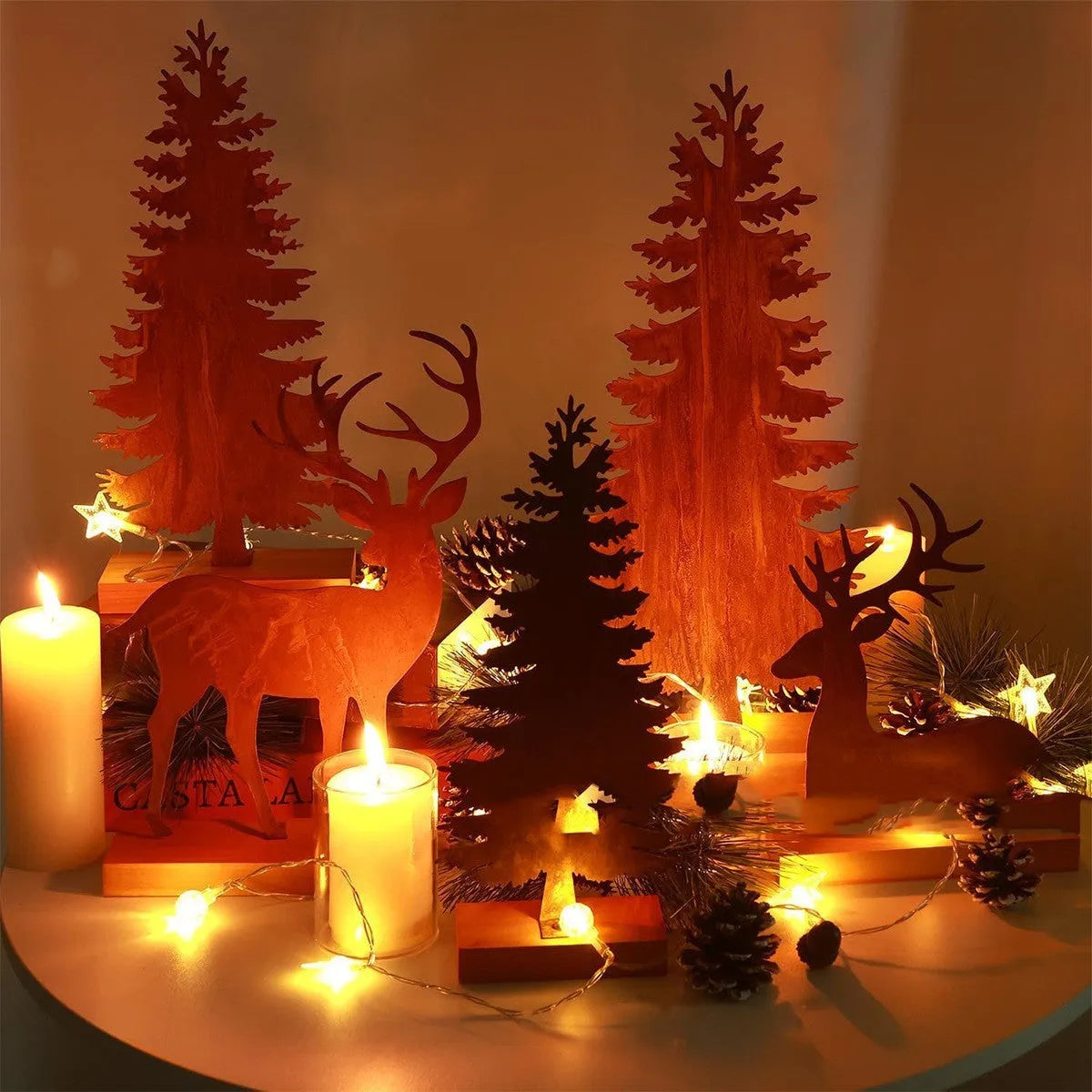 Three metal rusty Christmas tree elk ornaments with American style decorative design