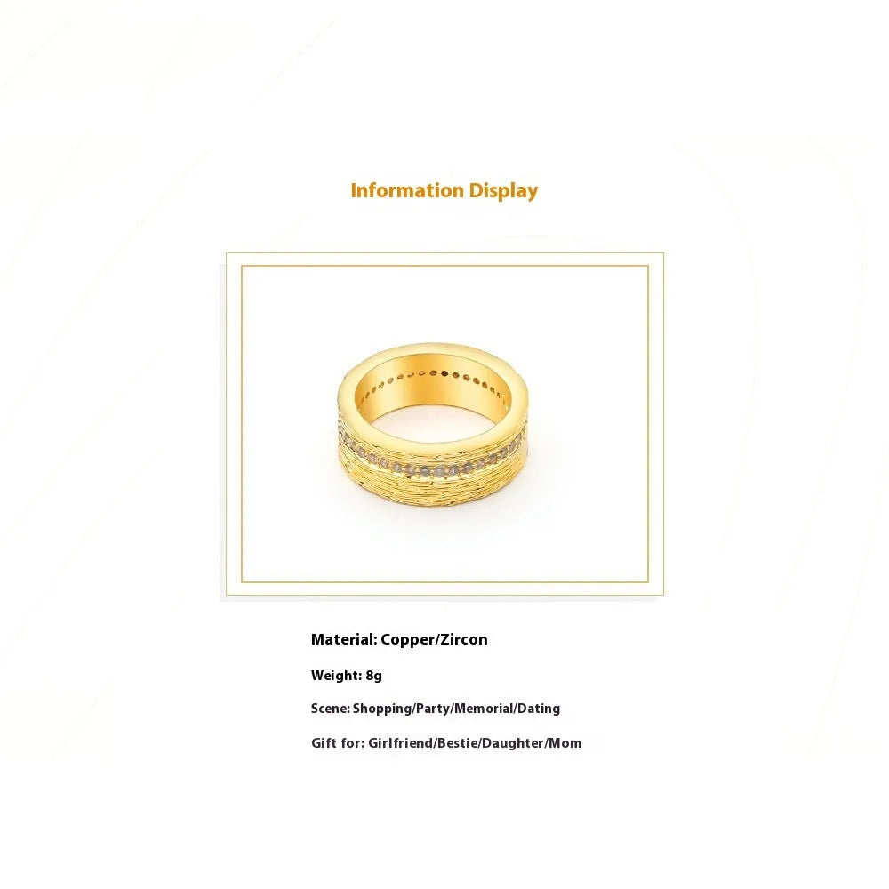 Geometric gold-colour women's zircon ring showing angular design on copper base with electroplated finish