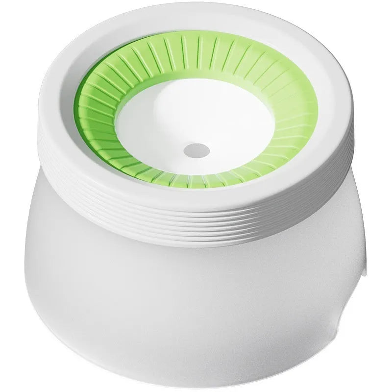 Green, blue, and brown pet suspension drinking bowl with separate base plate on a white background.