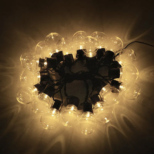 10-metre solar powered decorative light string with 40 LED lights and black cable for outdoor festival use