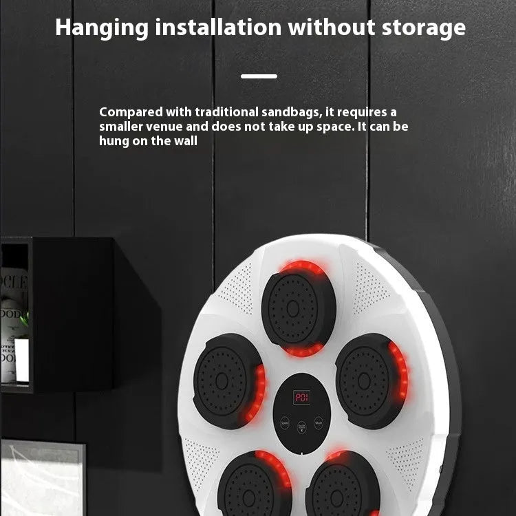 Wall-mounted smart boxing trainer with lit LED targets on black ABS plastic surface.