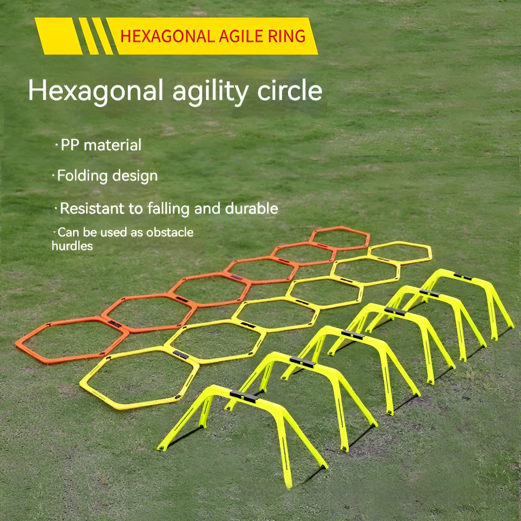 Set of six foldable yellow green and orange hexagon plastic agility training rings laid out on grass