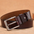 Men's black casual jeans belt with a square silver-tone alloy pin buckle on a brown strap.