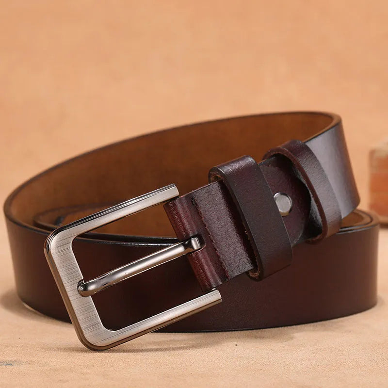 Men's black casual jeans belt with a square silver-tone alloy pin buckle on a brown strap.