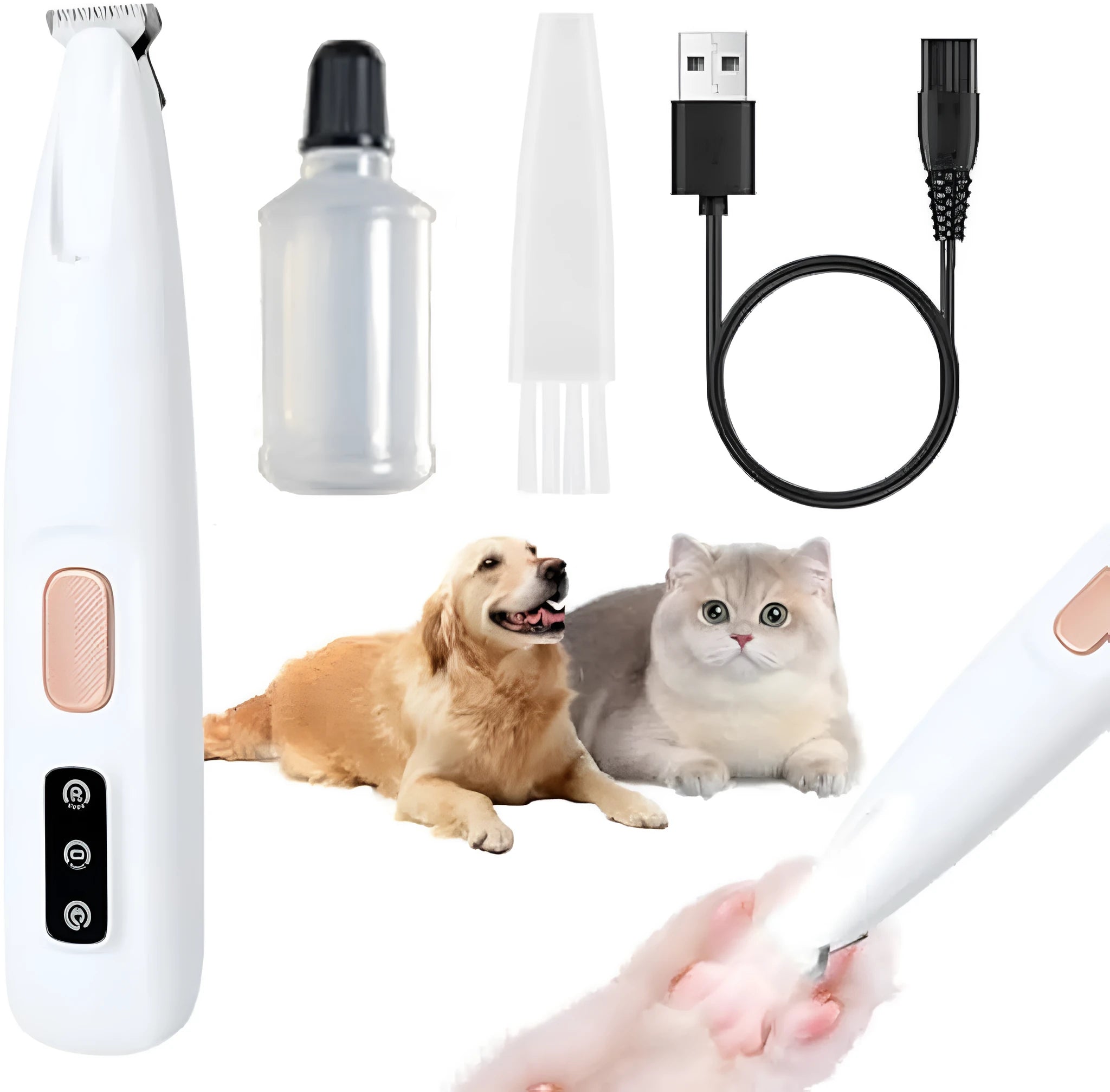 White electric dog paw trimmer with LED light, measuring 17.7 cm with low noise operation