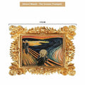 DIY filled oil painting kit showing epoxy pottery canvas, propylene paints, brushes and a framed finished artwork example.