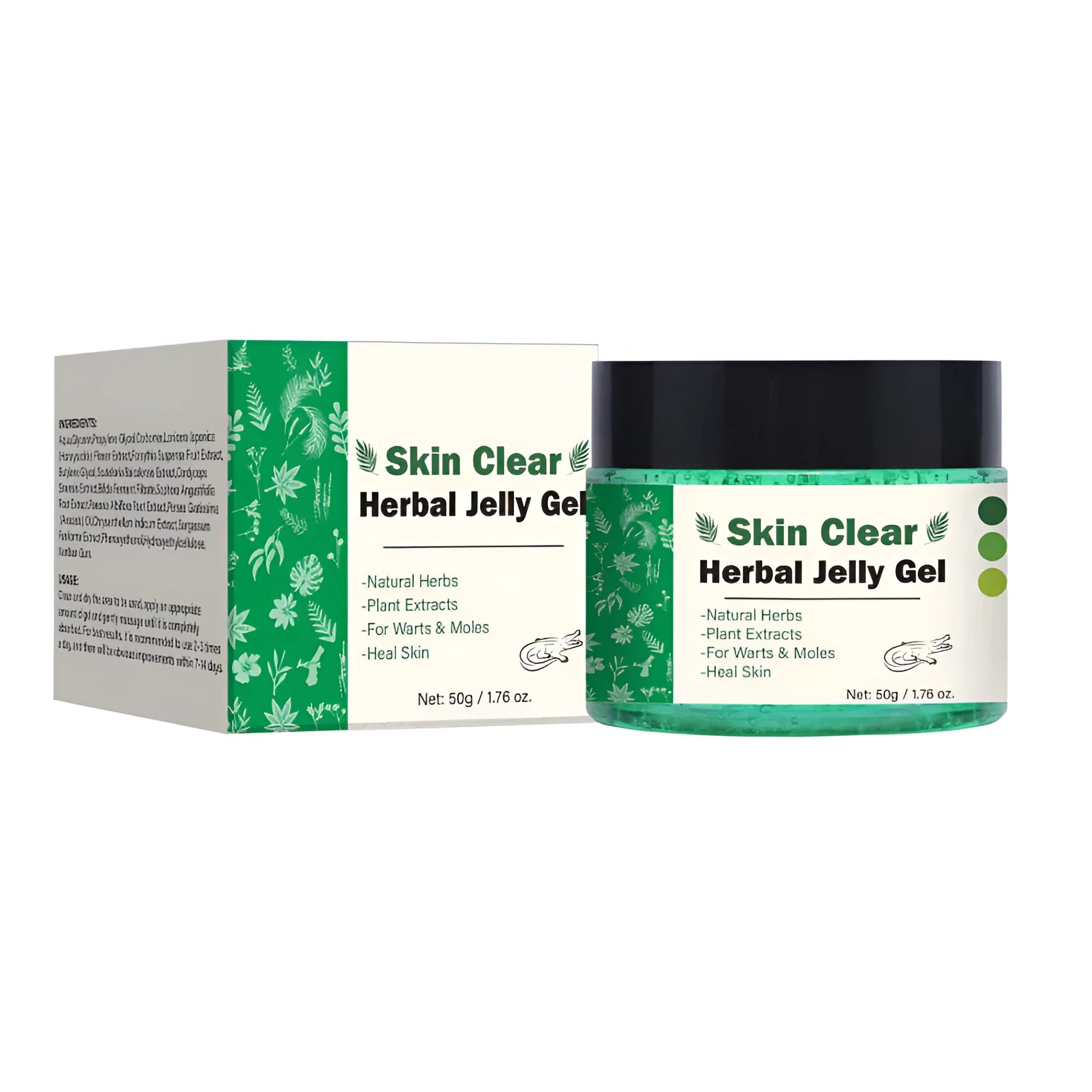 Clear herbal gel in 50g jar with transparent moisturising formula for body care