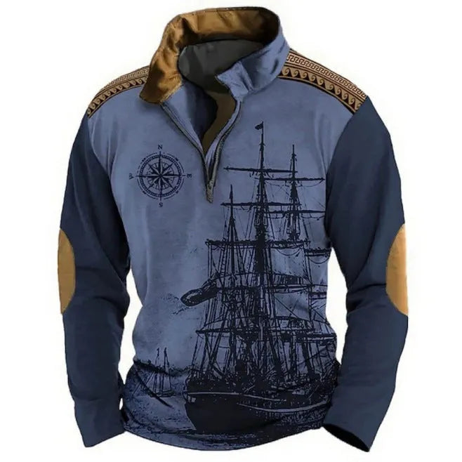 Men's loose fit long sleeve T-shirt with retro colour printing and zip details on striped fabric